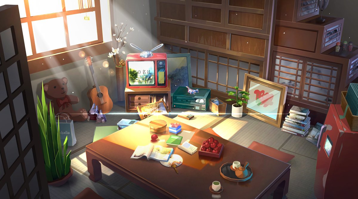 Sunlit anime room: a cozy room with a low wooden table scattered with books, snacks and art supplies, a retro TV, guitar, potted plants and shelves of prints.