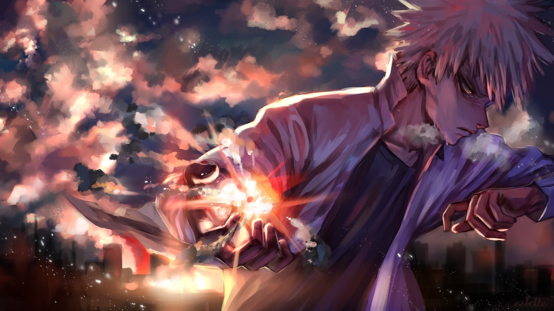 Katsuki Bakugou, anime My Hero Academia, stands over a city at dusk with a fiery clouded sky, clenched hand glowing with explosive energy.