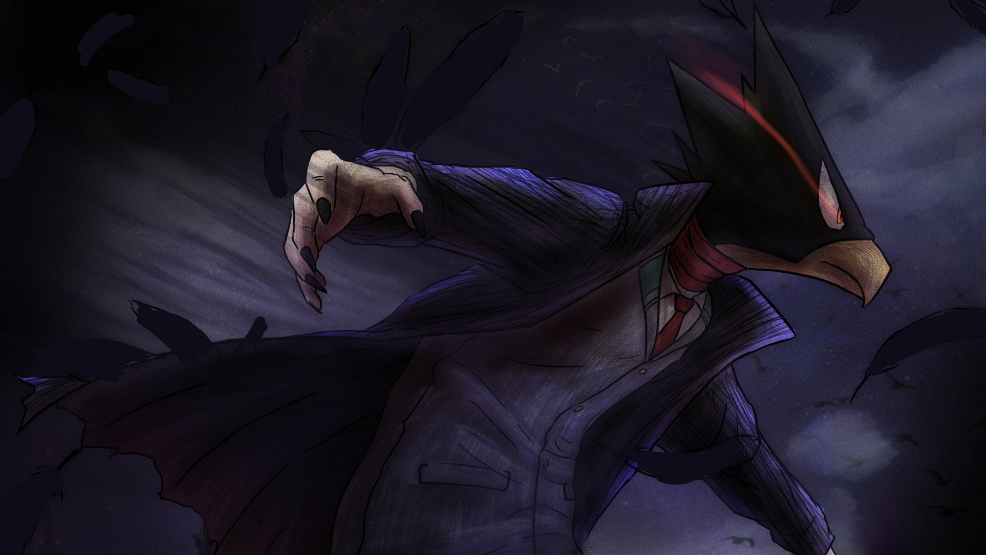 Fumikage Tokoyami (My Hero Academia) — anime's bird-headed hero in a dark, tattered suit and cloak, surrounded by swirling crows.