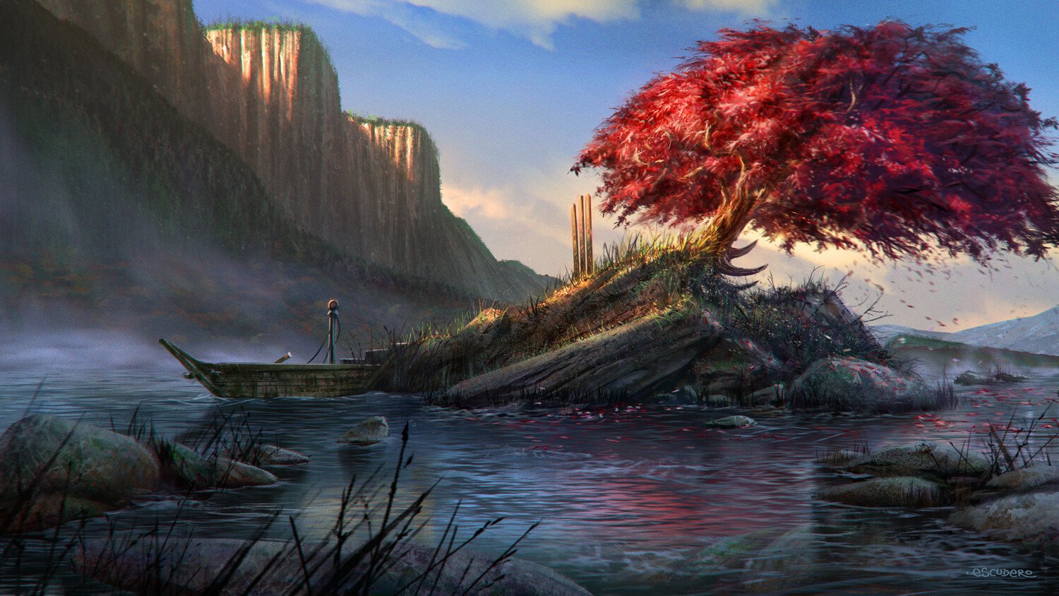 Download Boat Tree Fantasy Landscape Fantasy Landscape Art