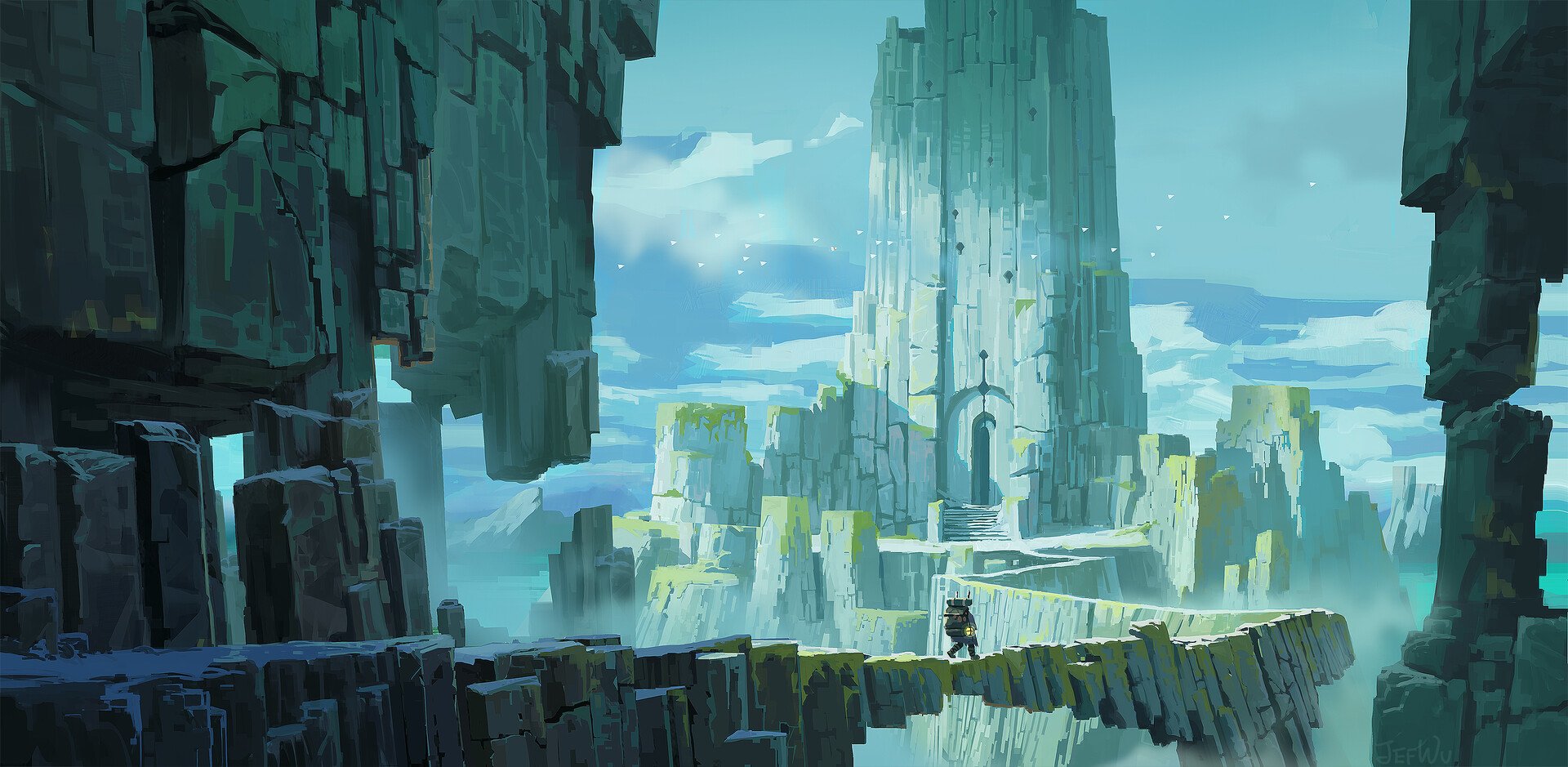 A fantasy landscape of towering teal monoliths and floating plateaus linked by a narrow bridge; a lone traveler approaches a vast temple carved into the rock.