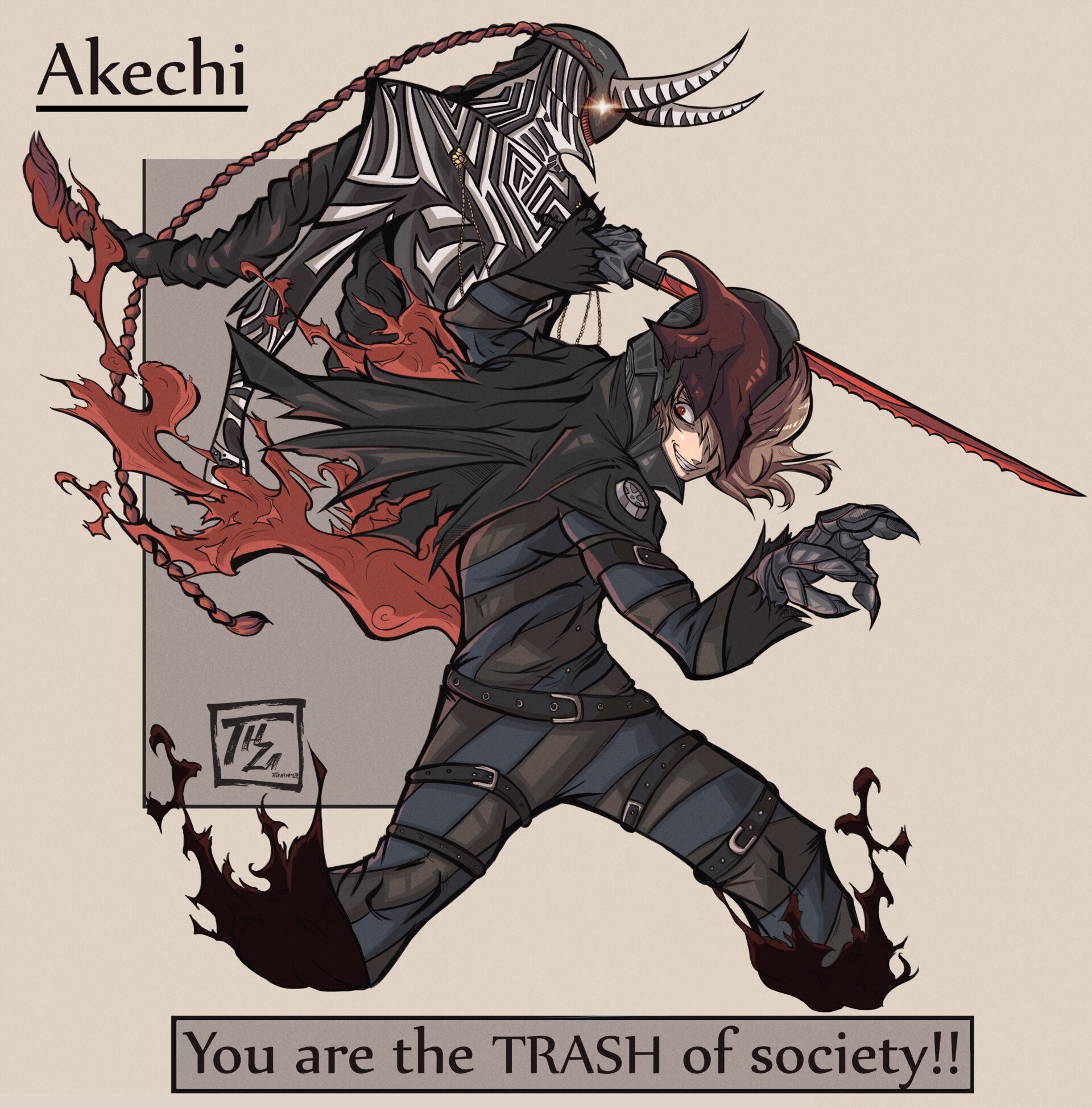 Stylized art of Goro Akechi from the video game Persona 5: dark-clad, masked figure lunging with red shadow flames and caption You are the TRASH of society!!