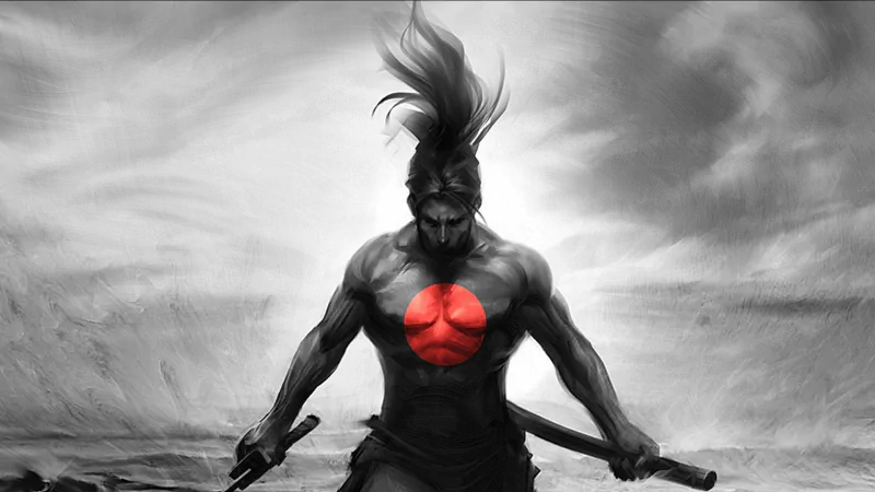 Yasuo, a warrior samurai from League of Legends, stands confidently with swords in hand, set against a dramatic background that accentuates his fierce presence.