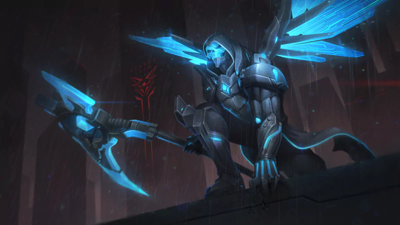 Thanatos from Smite: an armored, winged warrior crouches on a rain-slick ledge, blue-glowing armor and spectral scythe poised for battle.