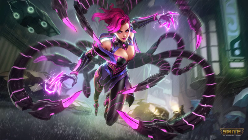 Da Ji (Smite), a video game character, lunges forward with magenta hair and crackling purple-pink energy as mechanized fox-tentacles unfurl over a rain-soaked urban battleground.