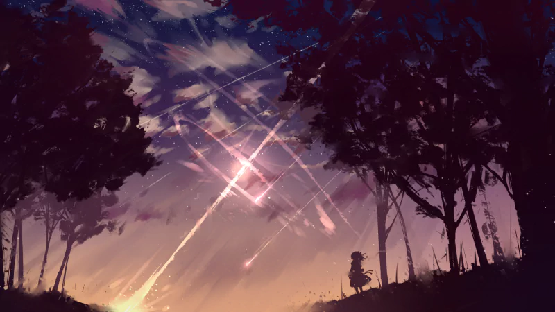 Anime-style night scene of a forest at sunset, with a person in a dress watching meteors streaking across a cloudy sky.