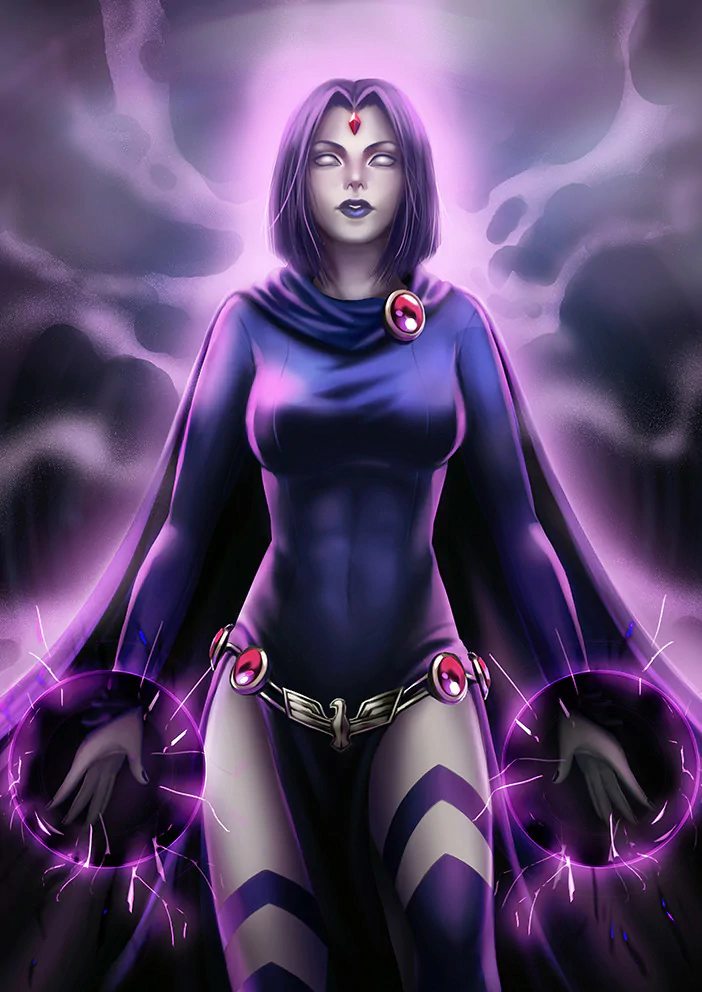 Raven (DC Comics) in a purple cloak and bodysuit, levitating with crackling purple energy orbs, glowing forehead gem and shadowy mist swirling around her.