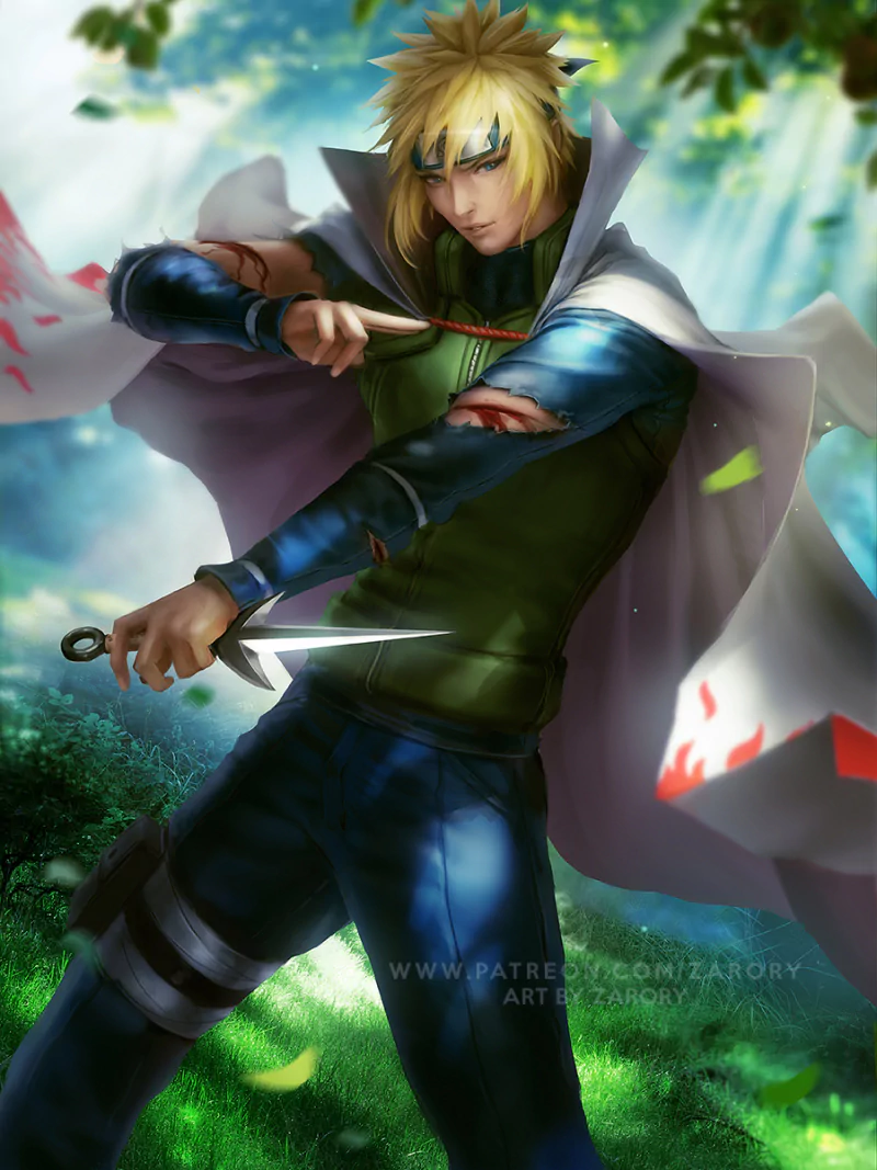 Anime-style Minato Namikaze from Naruto, wearing a Hokage cloak and headband, wind-swept blond hair, wounded arm, gripping a kunai amid sunlit forest foliage.