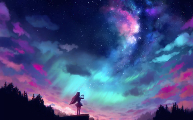 Anime girl stands on a cliff holding a lantern beneath a vivid sunset sky streaked with aurora-like colors and a glittering band of stars.