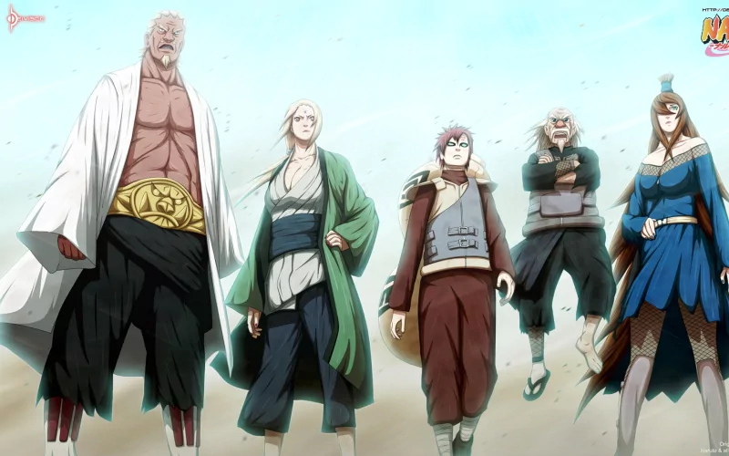 Five iconic Naruto characters stand together: Ōnoki, A, Meï Terumî, Tsunade, and Gaara, showcasing their unique styles against a sandy backdrop.