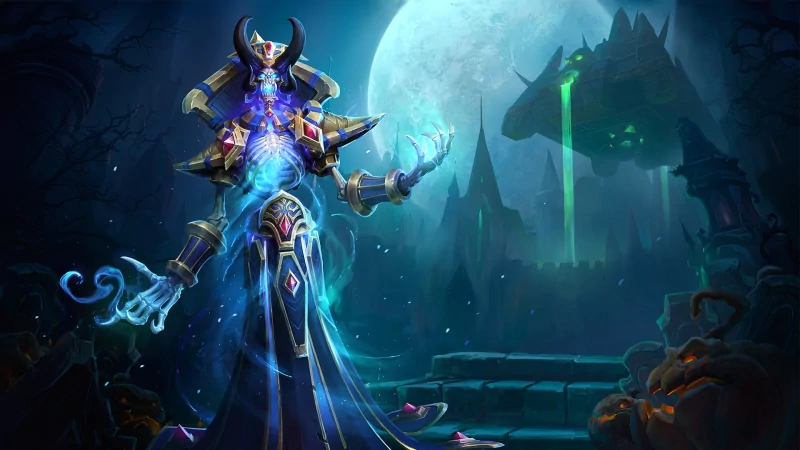 Kel'Thuzad from World of Warcraft stands glowing with arcane energy in a dark, eerie landscape under a full moon, featured in Heroes of the Storm.
