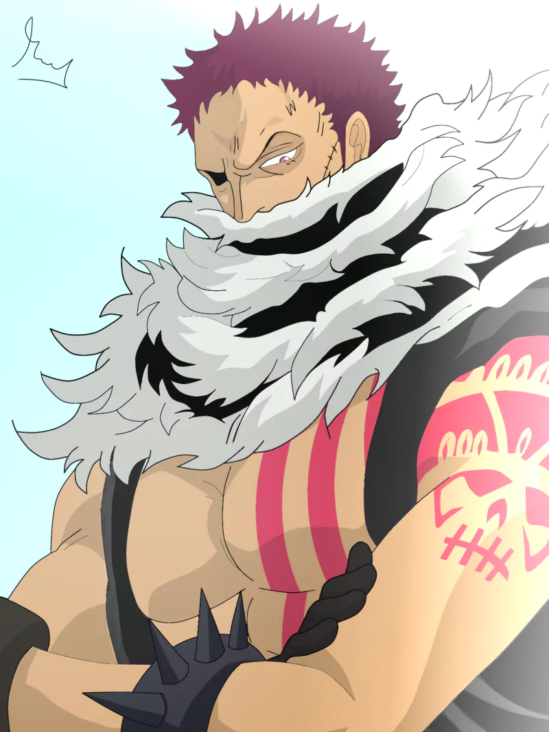 Anime art of Charlotte Katakuri from One Piece — musclebound, scarred fighter with a large white fur collar, striped chest, arm tattoo and spiked gauntlet, smirking.