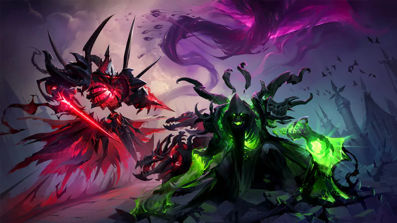 Alarak from Starcraft and Gul'dan from World of Warcraft face off in a dramatic, dark-themed Heroes of the Storm video game battle scene.