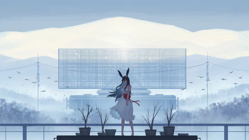 Anime girl with animal ears stands on a rooftop overlooking a serene, snowy landscape with distant mountains and a clear sky.