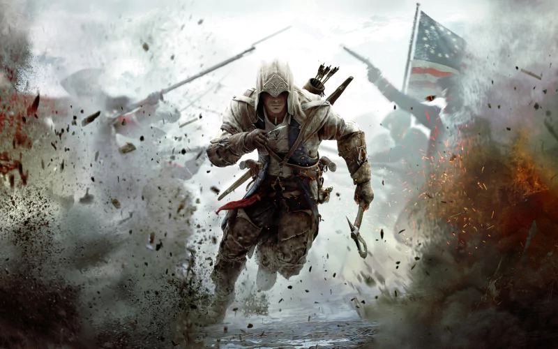 A character from Assassin's Creed III charges through a smoky battlefield, surrounded by soldiers and flags, embodying the game's vibrant action and historical context.