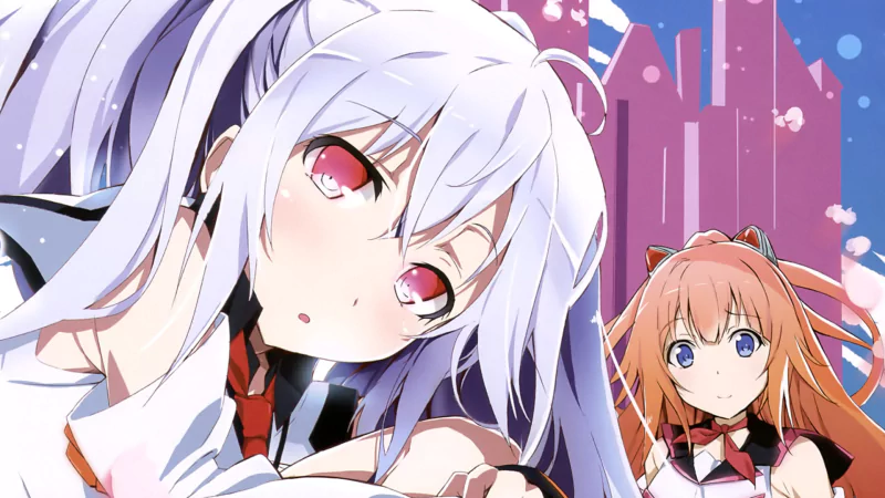 Two characters from the anime Plastic Memories are featured: Michiru Kinushima with silver hair and vibrant red eyes, and Isla with orange hair, set against a colorful backdrop.