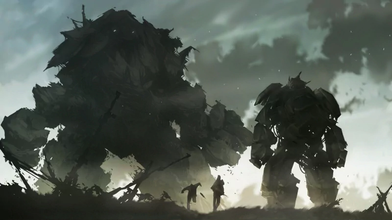 A dramatic scene from the video game Shadow of the Colossus featuring two colossal creatures facing each other with a small human figure below.