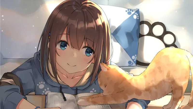 Anime girl with brown hair and blue eyes reads a book while a cat stretches toward her, set against a softly lit background.