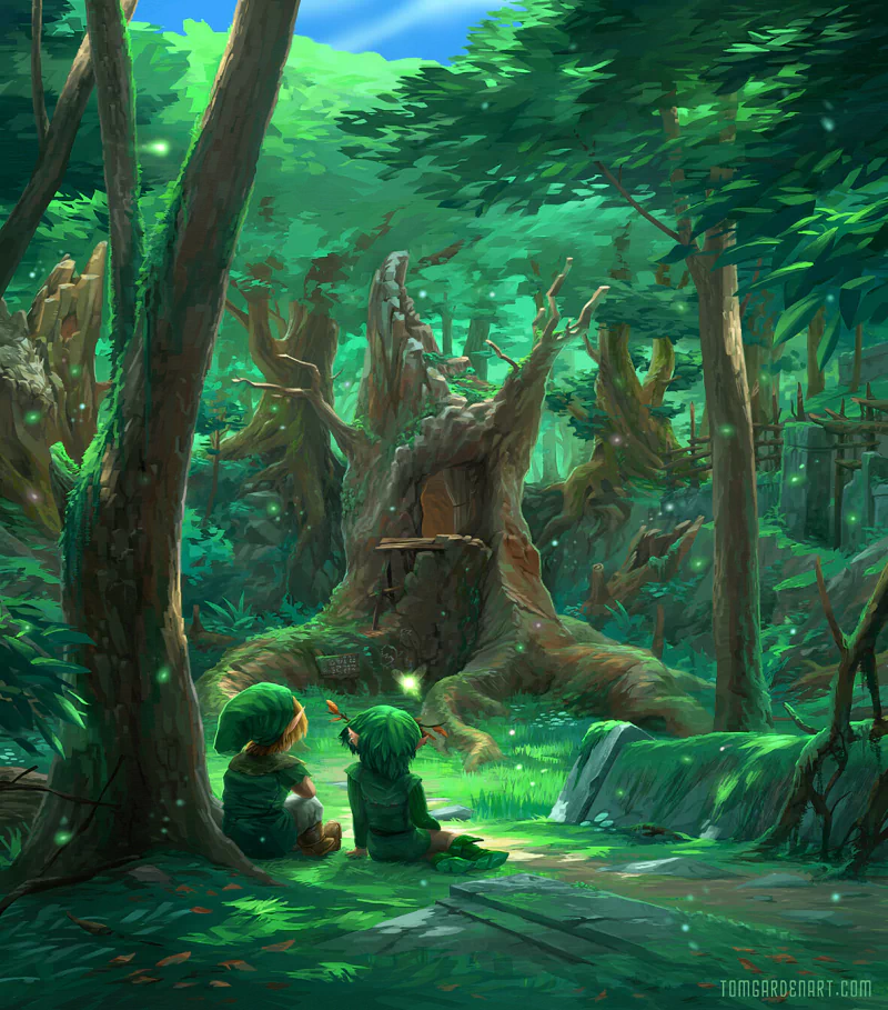 Young Link from the video game The Legend of Zelda: Ocarina of Time sits with a companion in a sun-dappled, ancient forest beside a hollow, shrine-like tree.
