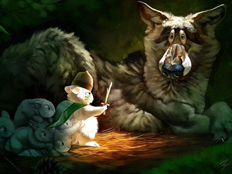 A brave teddy bear wearing a hat wields a sword, facing a large wolf in a mystical forest, surrounded by small, curious rabbits, blending fantasy elements with animal characters.