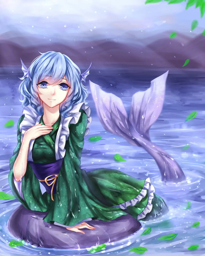 leaf water mermaid blue eyes blue hair Wakasagihime (Touhou) Anime Touhou Image