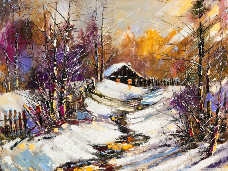 An artistic oil painting capturing a snow-covered landscape, featuring a cozy cabin, winding path, and purple-toned trees under a warm, golden sky.