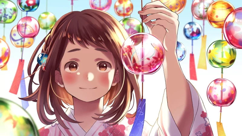 Ochaco Uraraka from My Hero Academia in a floral yukata, smiling as she reaches for a colorful glass wind chime amid many hanging furin with paper tags.
