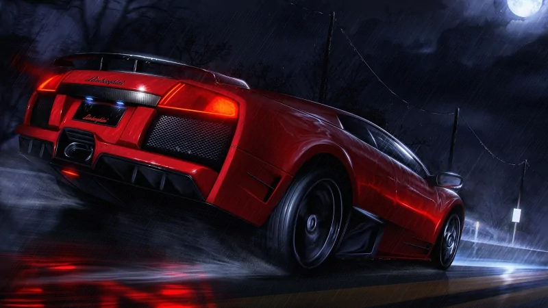 A red Lamborghini Murcielago speeding down a wet road at night under a cloudy sky with a bright moon.
