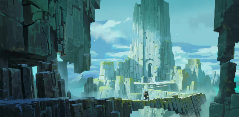 A fantasy landscape of towering teal monoliths and floating plateaus linked by a narrow bridge; a lone traveler approaches a vast temple carved into the rock.