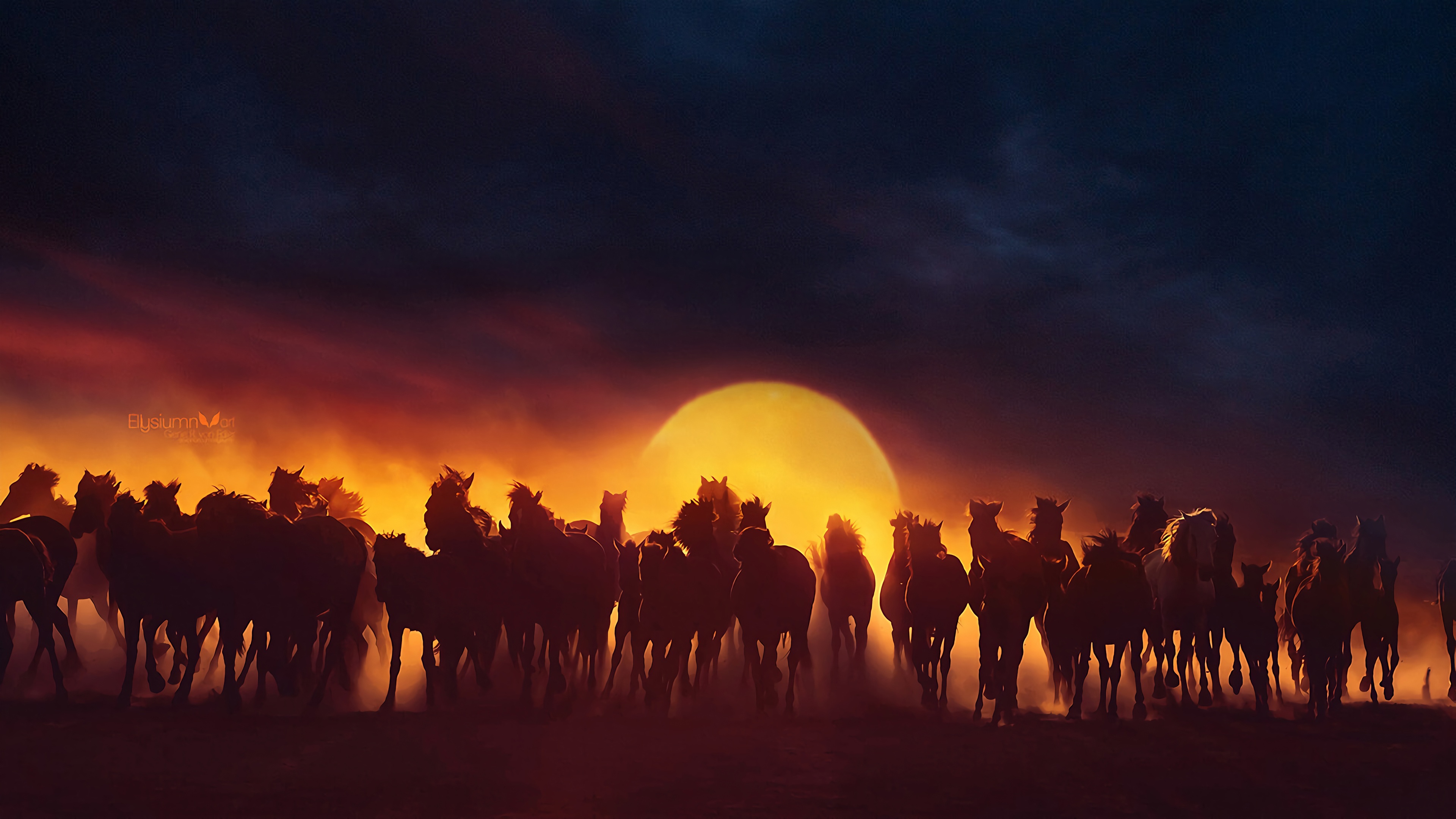 Group of Horses Running in the Sunset