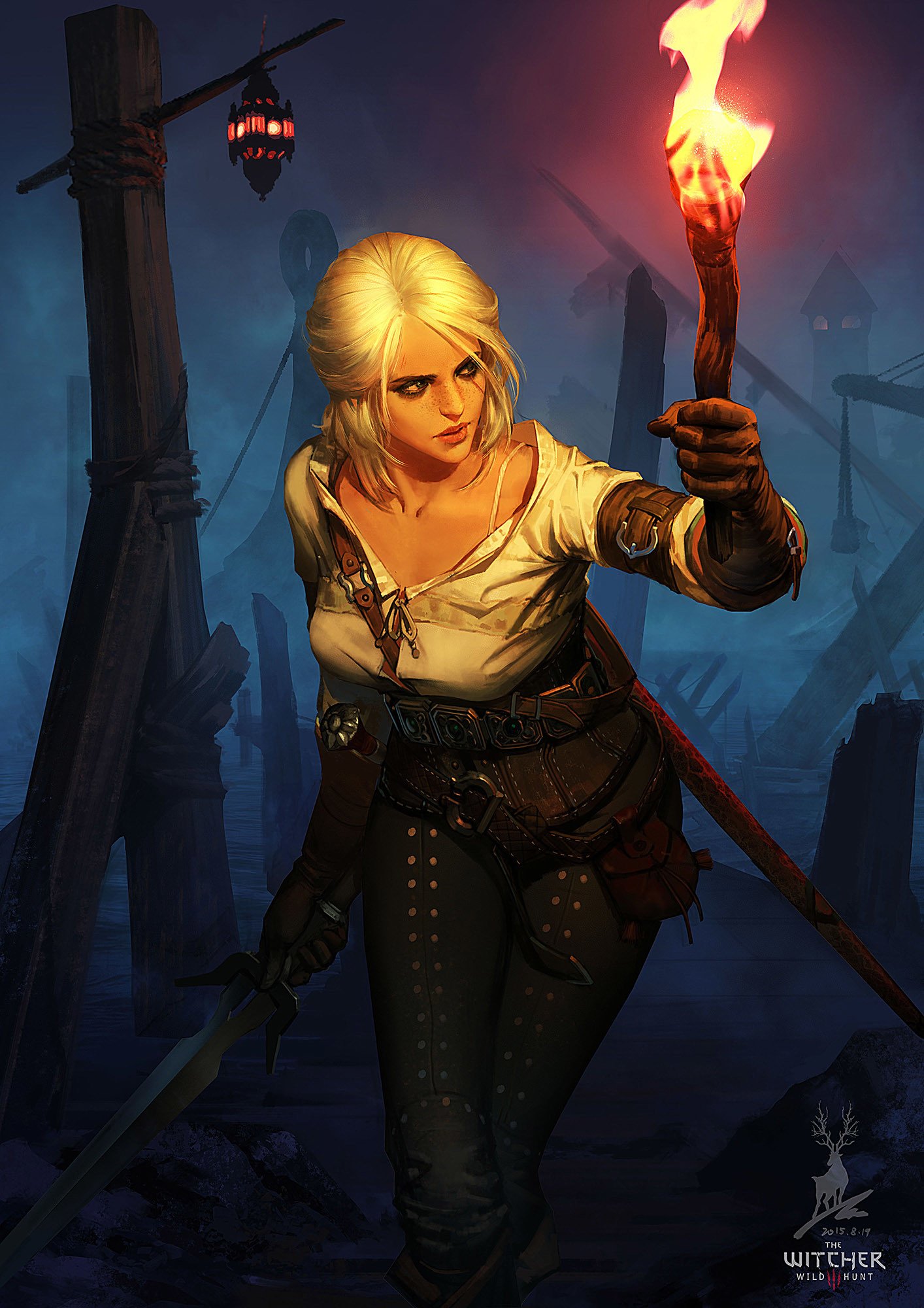 Ciri (The Witcher) from the video game The Witcher 3: Wild Hunt holds a torch and sword as she moves through a foggy, ruined pier at night.