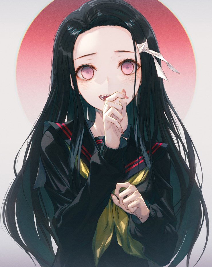 Anime-style illustration of Nezuko Kamado from Demon Slayer: Kimetsu no Yaiba, featuring her long dark hair, pink eyes, and a shy smile against a red circular background.
