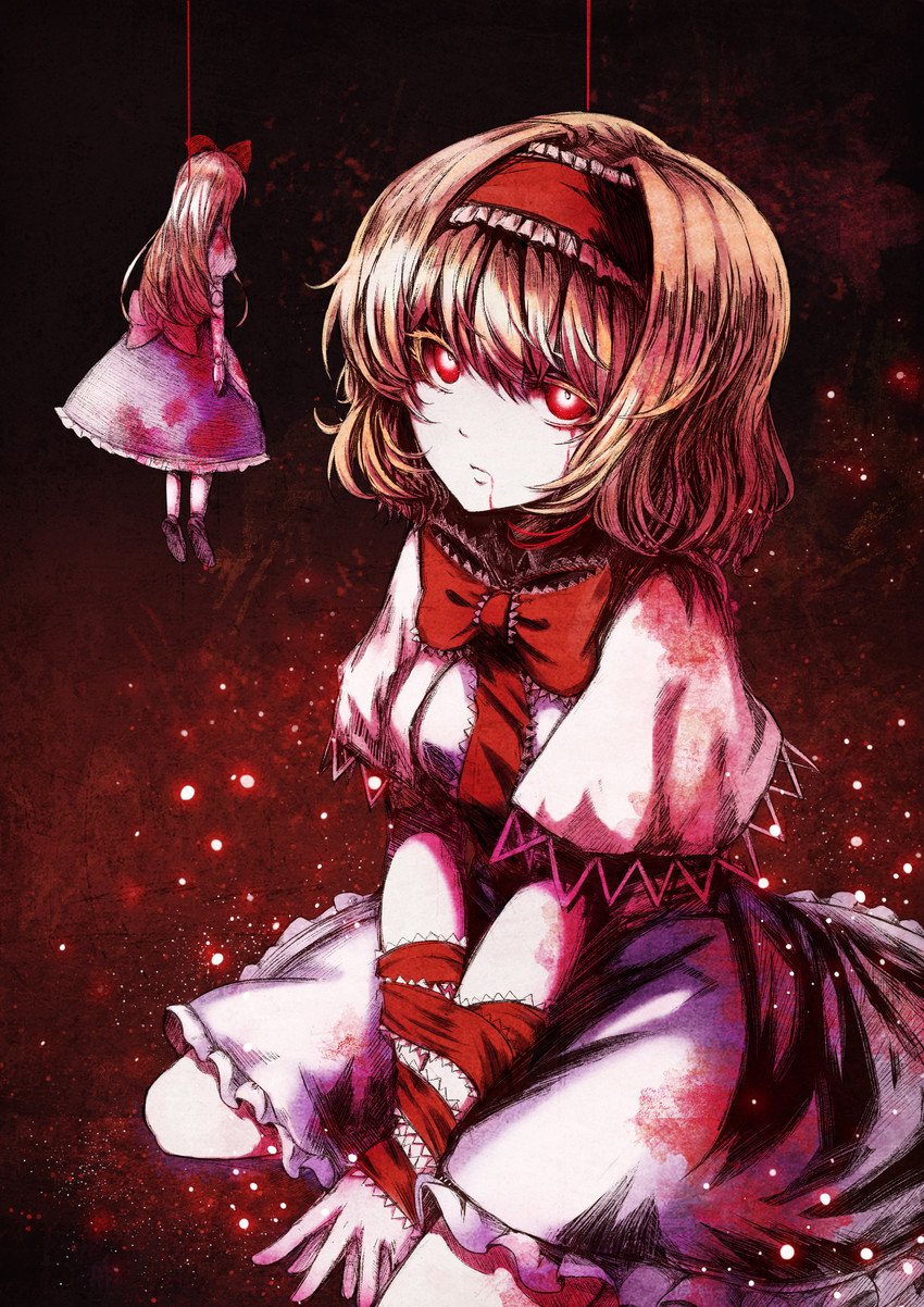 Alice Margatroid (Touhou) in doll-like anime style: red-eyed girl in a frilled dress and bow, kneeling amid crimson sparks, her Shanghai Doll puppet suspended by strings behind her.