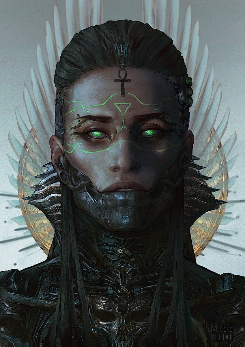 A cyberpunk sci-fi portrait of a futuristic female figure with glowing green eyes, biomechanical facial enhancements, and an ankh symbol on her forehead.