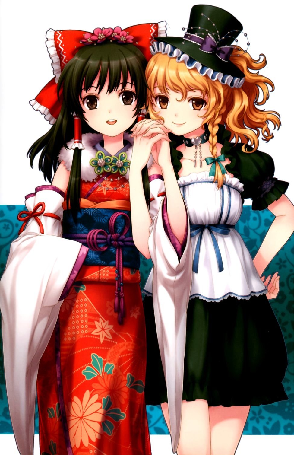 Download Orange Eyes Brown Eyes Black Hair Short Hair Blonde Hat Marisa Kirisame Reimu Hakurei Anime Touhou Art