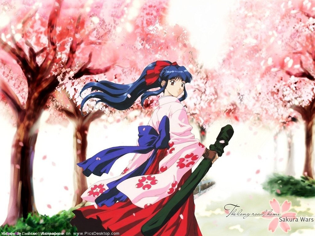 Anime, Sakura Wars: blue-haired heroine in a floral kimono stands beneath blooming cherry trees, gripping a sheathed sword as petals swirl around her.