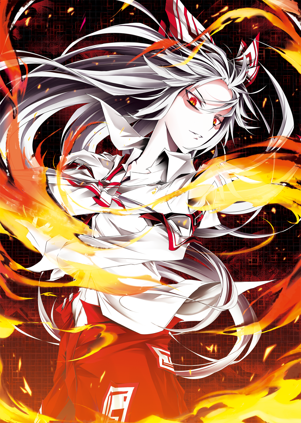 Fujiwara no Mokou (Touhou) — white‑haired, red‑eyed anime character with long flowing hair and ribbons, surrounded by swirling orange and yellow flames, intense gaze.