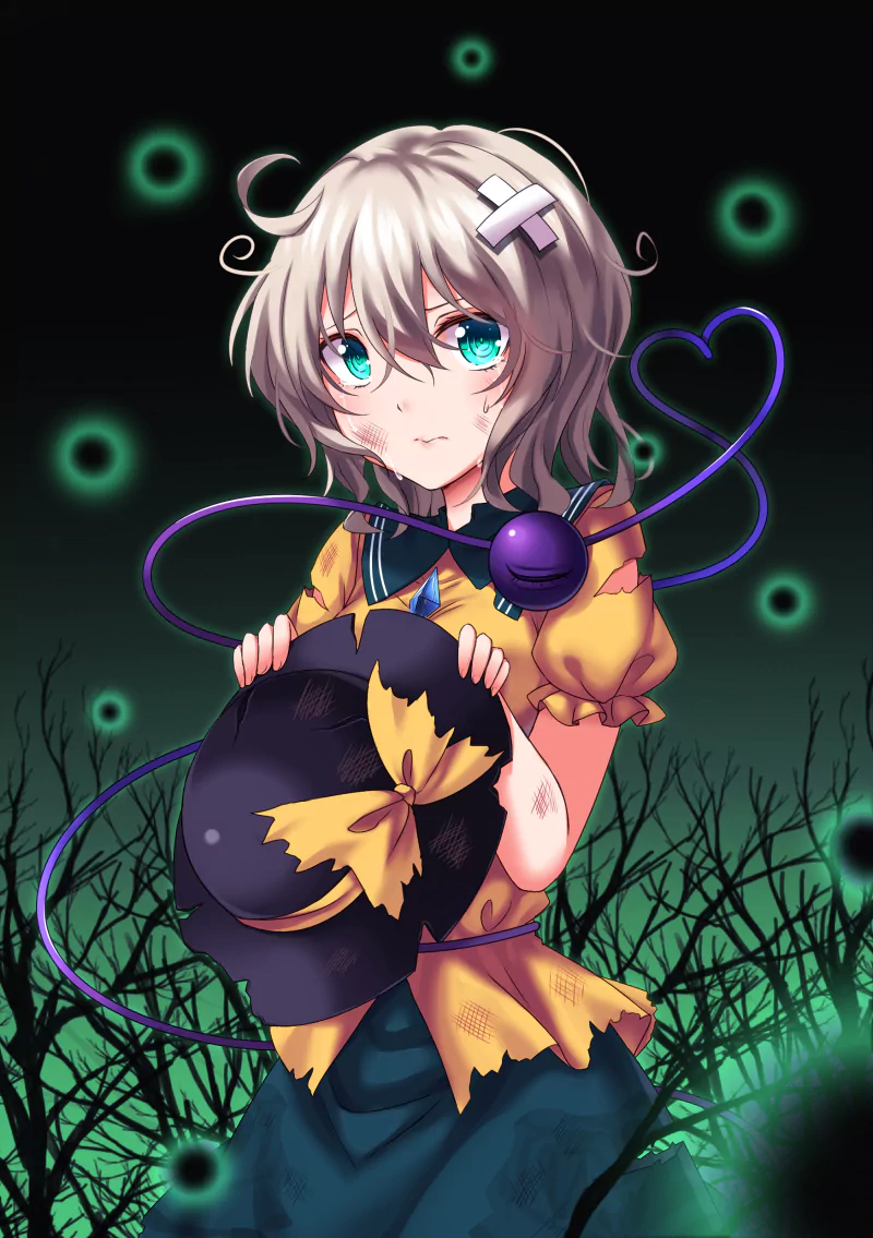 heart-shaped hat white hair short hair green eyes crying tears Koishi Komeiji Anime Touhou Image