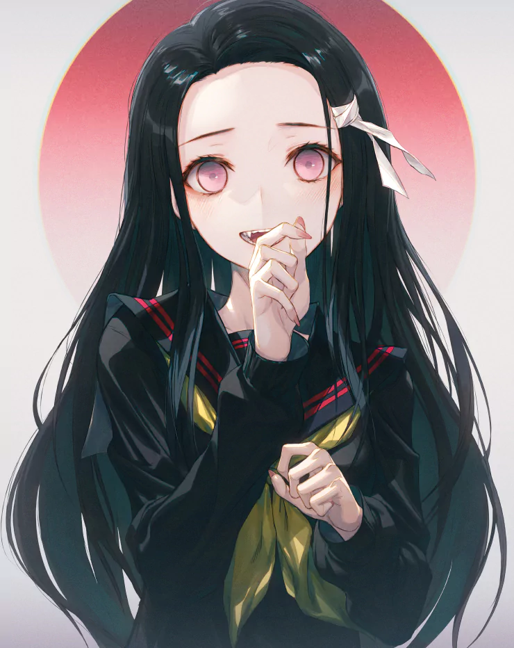 Anime-style illustration of Nezuko Kamado from Demon Slayer: Kimetsu no Yaiba, featuring her long dark hair, pink eyes, and a shy smile against a red circular background.