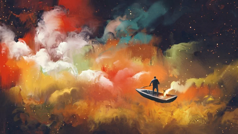  Man in Canoe Heading into Colorful Clouds by Tithi Luadthong