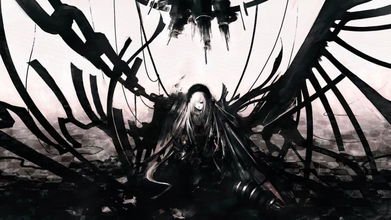 A dark-themed illustration of Suigintou from *Rozen Maiden*, featuring gothic elements and intricate black wings set against a muted background, embodying the essence of dark anime.