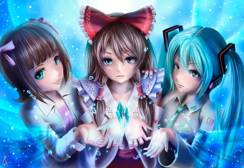 Three anime characters, Haruka Amami, Reimu Hakurei, and Hatsune Miku, stand together, holding a glowing crystal amid a vibrant blue background, creating a captivating crossover scene.