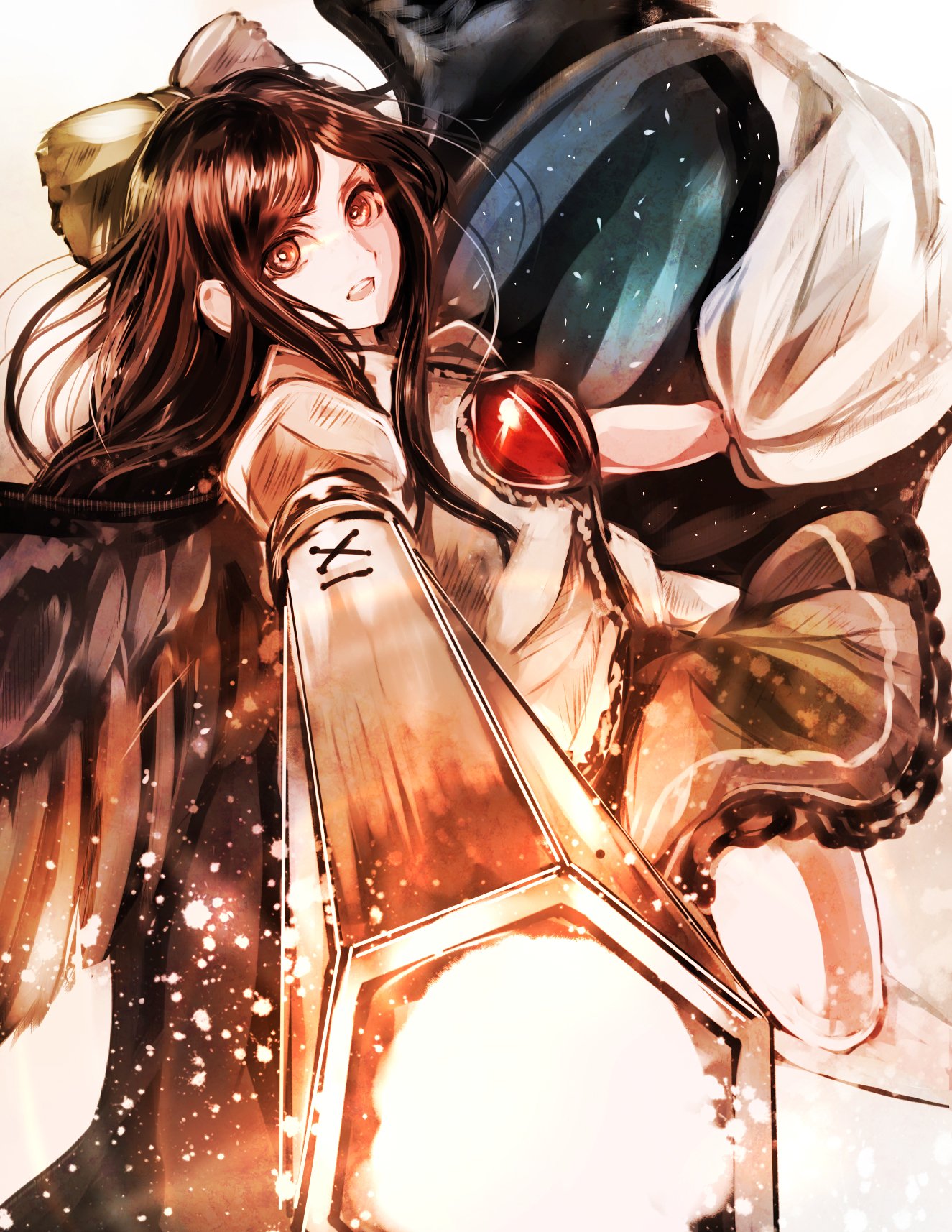 Anime portrait of Utsuho Reiuji (Touhou) — dark-winged girl with a glowing red magatama on her chest and a blazing energy cannon emitting bright light.
