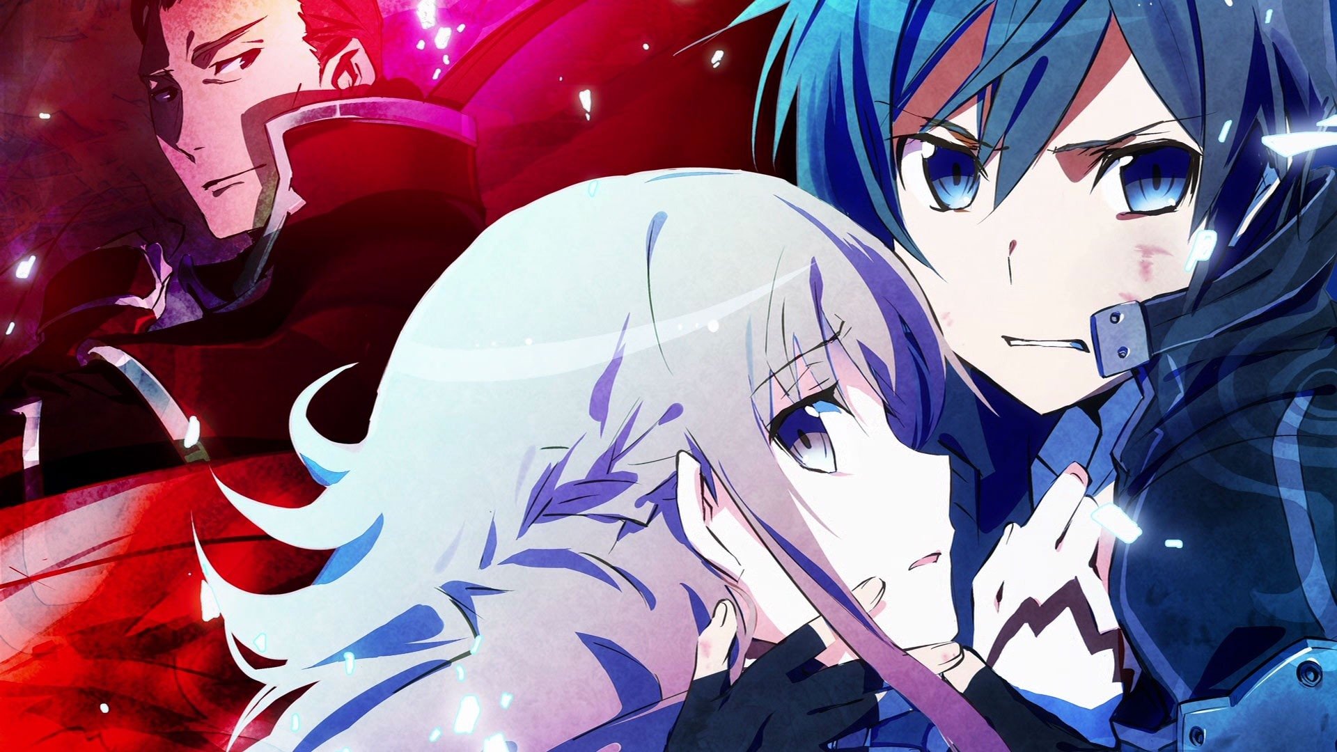 Asuna Yuuki and Kirito embrace in a dramatic scene from Sword Art Online, with Heathcliff lurking in the background, set against a vibrant anime backdrop.