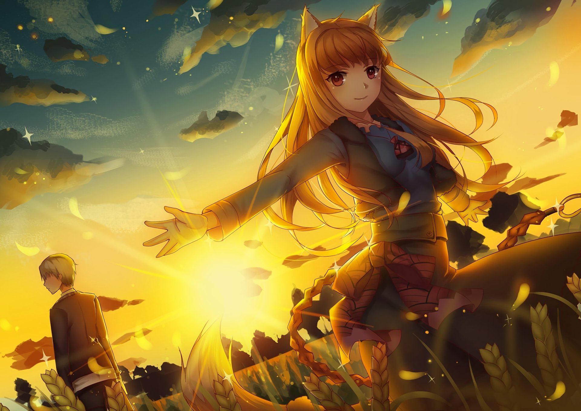 Holo from Spice & Wolf stands in a sunlit field at sunset, her long hair flowing as she reaches out, with a figure walking away in the background.