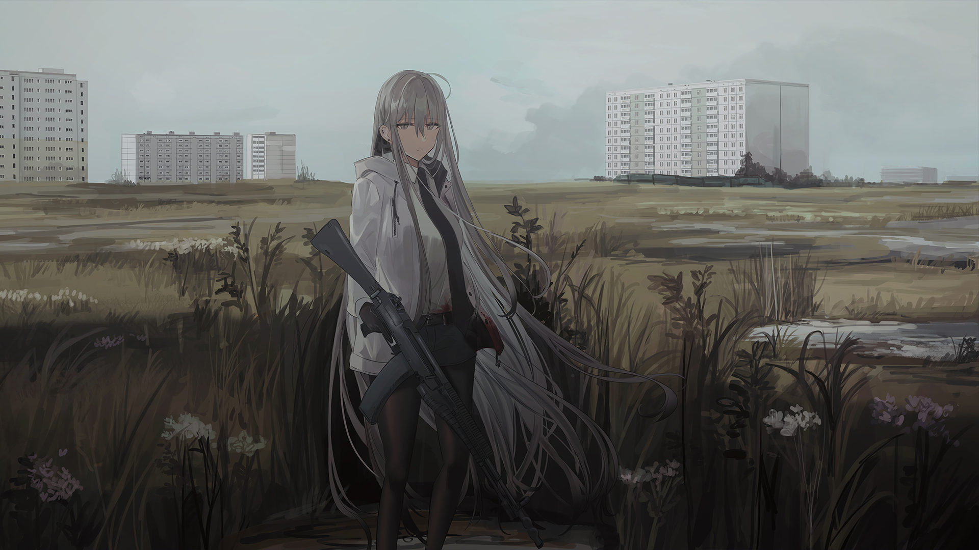 Anime warrior with long white hair and grey eyes sits in a field holding a gun, with tall buildings visible in the misty background.