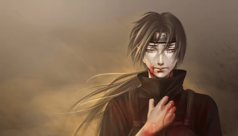Anime portrait of Itachi Uchiha from Naruto, wounded with blood on his face and hand, wearing a slashed headband and dark cloak, long hair flowing against a smoky, muted background.