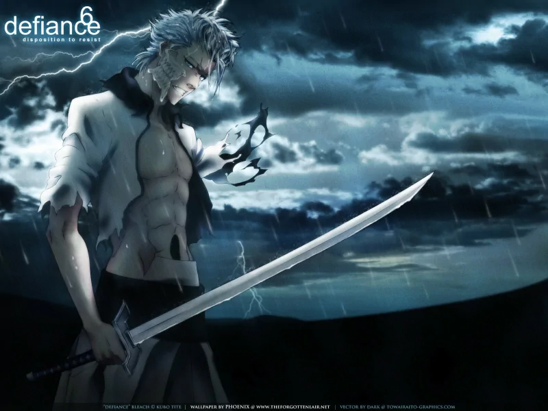 Grimmjow Jaegerjaquez from the anime Bleach stands powerfully in a storm, wielding a sword with a fierce expression, embodying strength and defiance amidst dark clouds.