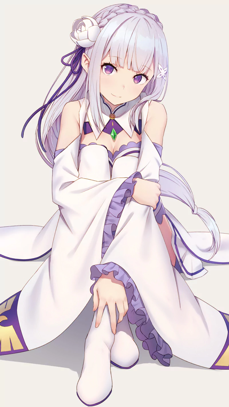 Anime-style illustration of Emilia from Re:Zero with white hair, purple eyes, and a detailed white and purple outfit, sitting with a gentle expression.