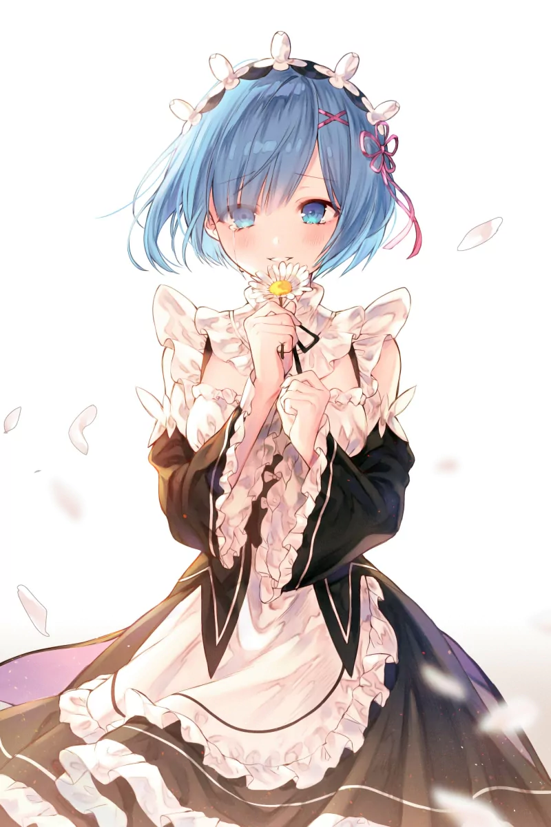 Rem from the anime Re:Zero - Starting Life in Another World in her maid outfit, blue hair covering one eye, gently holding a daisy to her lips as petals drift around.